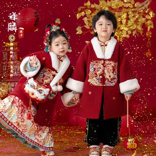女童冬装汉服加绒加厚外套上衣中长款红色改良棉服儿童新年拜年服