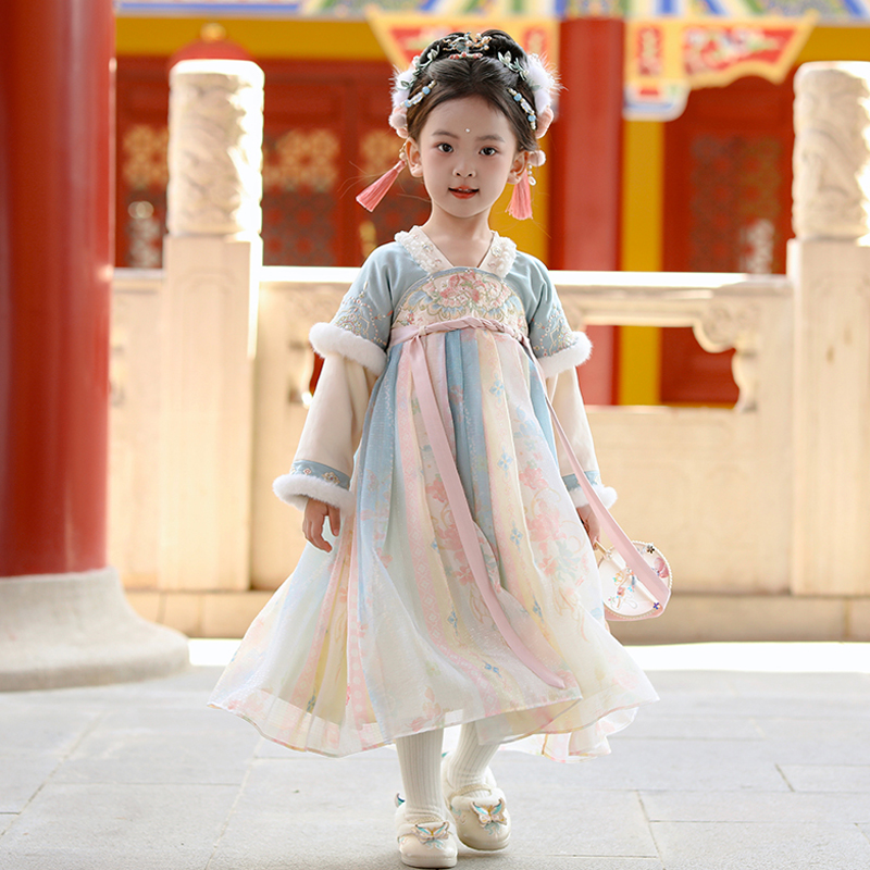高端女童中国风古装长袖连衣裙