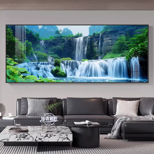 现代简约客厅装饰画瀑布风景有框喷绘挂画百搭大气