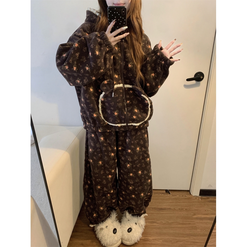 法式田园风甜美碎花法兰绒睡衣女