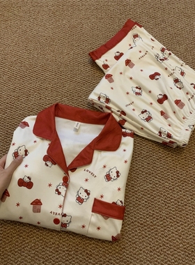 甜美红色Kitty猫睡衣女士春秋季2025新款大码外穿新年家居服套装