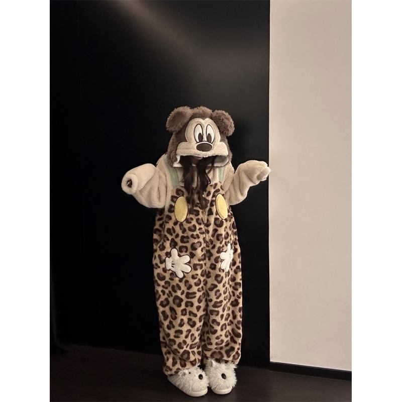 可爱卡通米奇豹纹珊瑚绒睡衣女冬