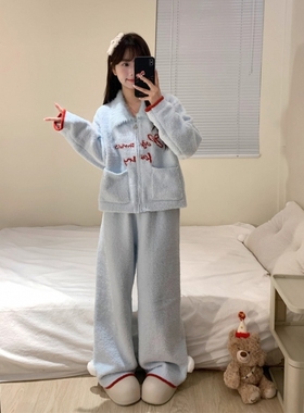 韩系baby蓝色毛衣半边绒睡衣女秋冬季新款保暖加厚长裤家居服套装