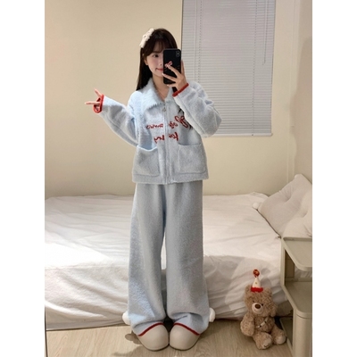 韩系baby蓝色毛衣半边绒睡衣女款