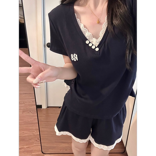 法式复古蕾丝花边带胸垫睡衣套装