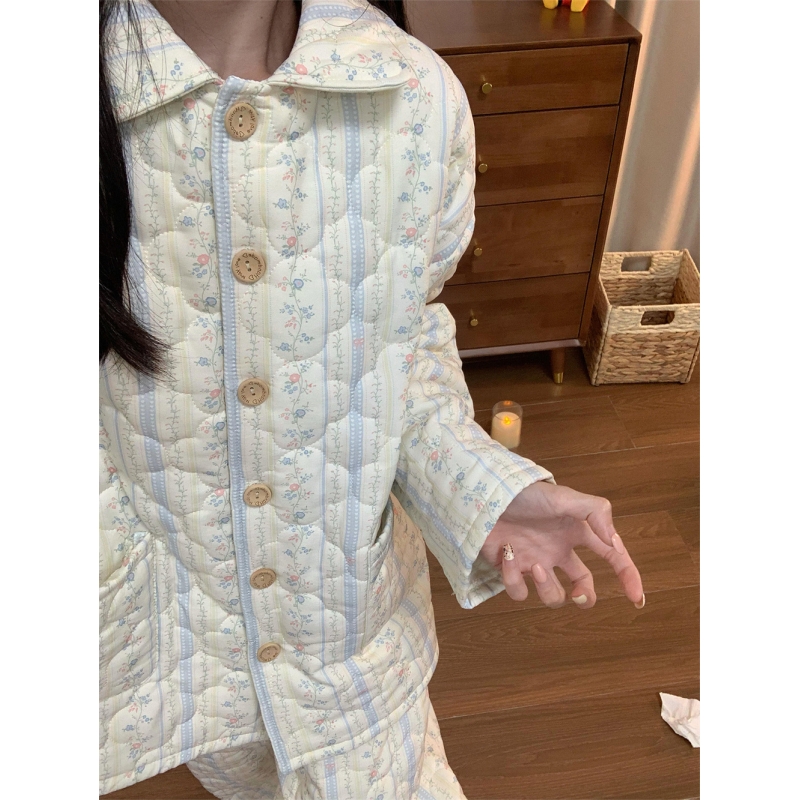 冬天甜美少女碎花保暖夹棉睡衣女