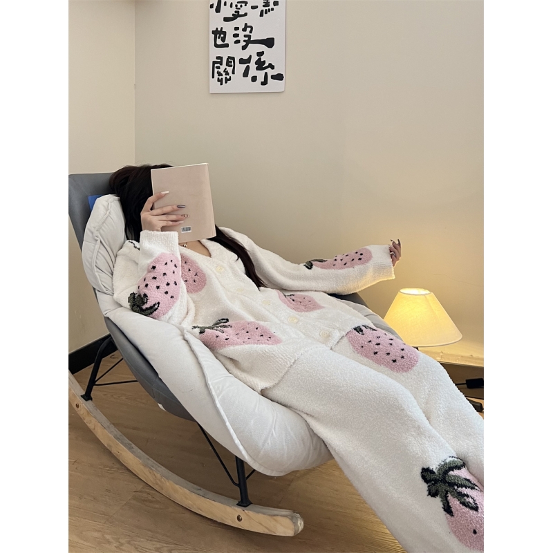 甜美少女草莓针织半边绒睡衣女冬