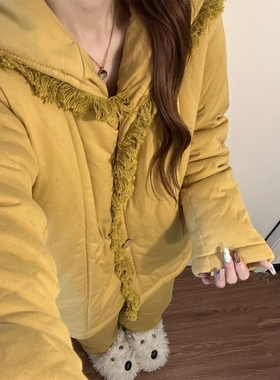 韩系休闲风黄色连帽夹棉睡衣女冬季新款加厚保暖家居服套装可外穿