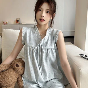 韩版 甜美清新蓝色波点木耳边睡衣女夏季 小个子背心短裤 家居服套装