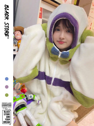 睡衣女冬季新款少女卡通连帽巴斯光年珊瑚绒加厚加绒家居服两件套