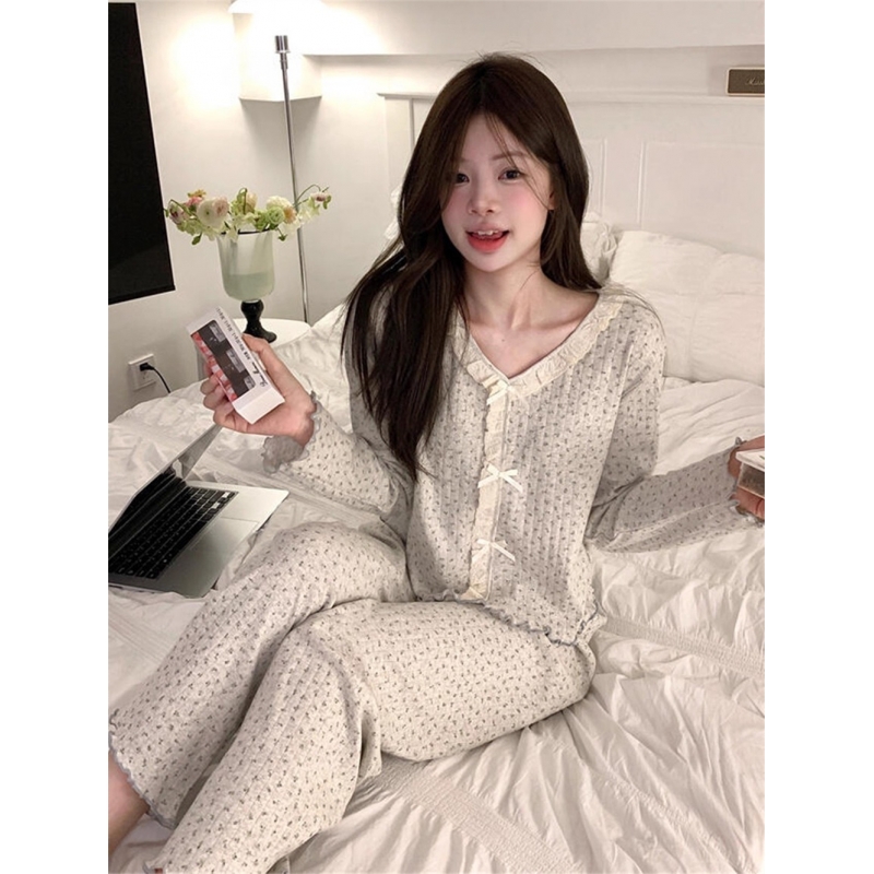 甜美碎花v领花边家居服睡衣女秋