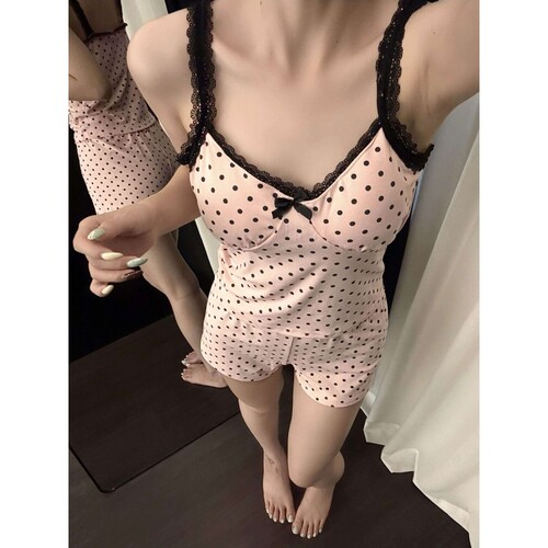 少女纯欲风粉色蕾丝拼接波点吊带睡衣女夏季新款居家休闲两件套装