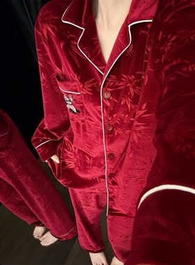 新中式国风竹叶熊猫金丝绒睡衣女秋冬新款本命年红色家居服两件套
