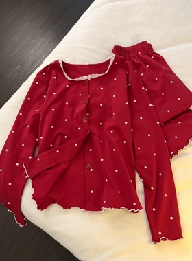新年喜庆红色波点蕾丝吊带开衫睡衣女款春秋季款保暖家居服三件套