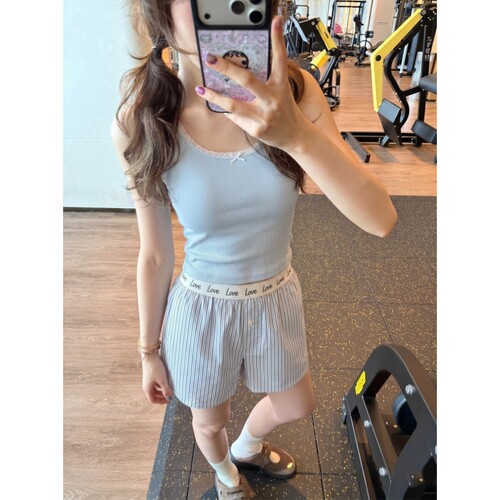 甜美少女蓝色蕾丝花边吊带睡衣女夏季2026新款大码短裤家居服套装