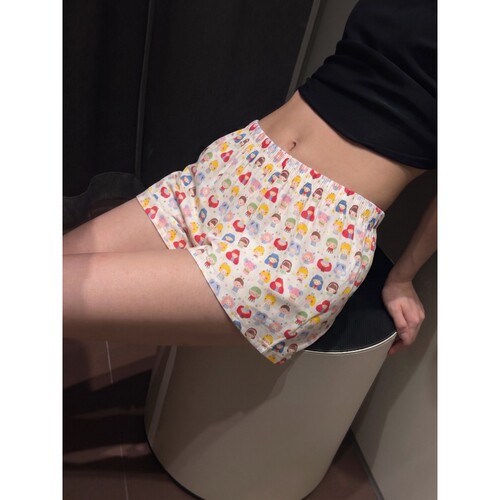 少女撞色设计感卡通印花睡裤女夏季新款百搭宽松短裤家居裤可外穿