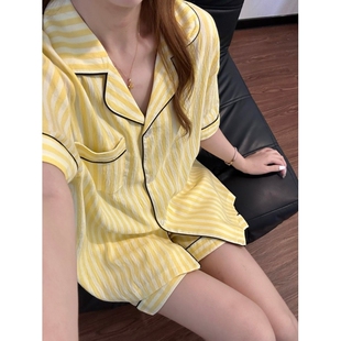 家居服两件套 短裤 韩系ins风撞色条纹翻领睡衣女夏季 宽松舒适短袖