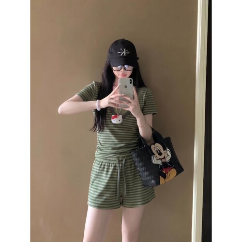 复古绿色条纹短袖睡衣女居家套装