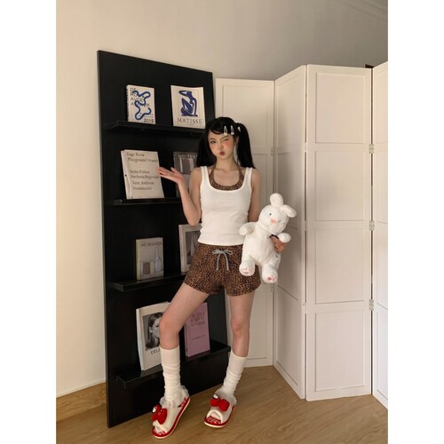 辣妹豹纹假两件吊带短裤睡衣女夏