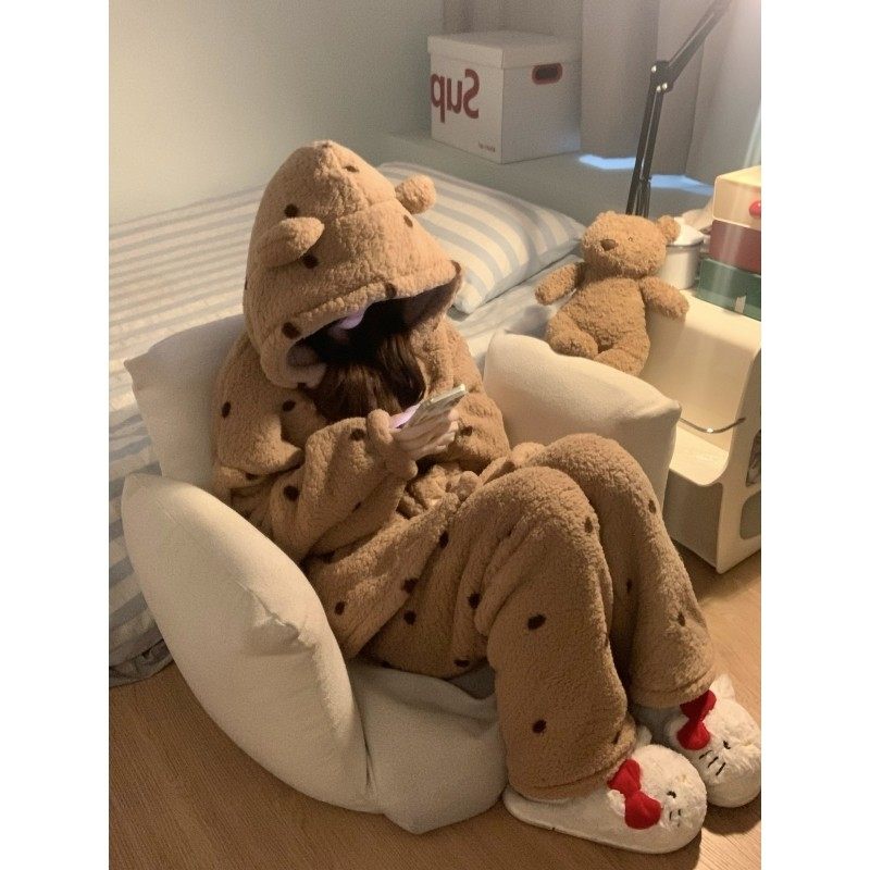 少女复古美拉德小熊连帽珊瑚绒睡衣女冬季新款加绒加厚家居服套装,女士内衣/男士内衣/家居服,睡衣/家居服套装,淘宝优惠券,粉丝福利购,淘宝优惠卷