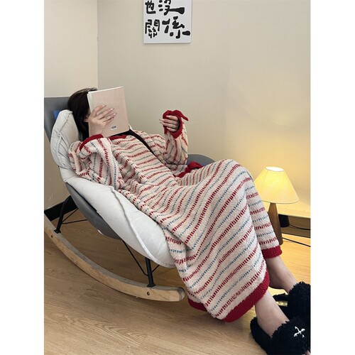 甜美简约撞色条纹半边绒睡衣女冬
