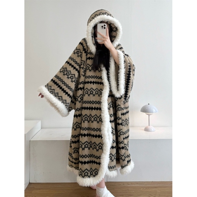 韩版复古毛绒连帽珊瑚绒睡袍女款