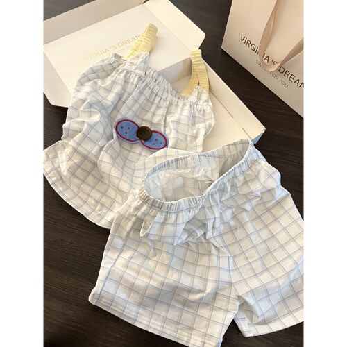 少女甜美风格子吊带睡衣女夏季薄