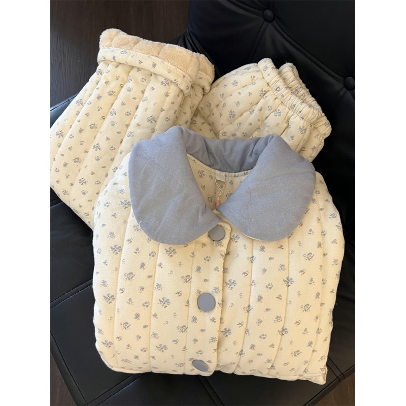 韩系甜美碎花三层夹棉睡衣女套装