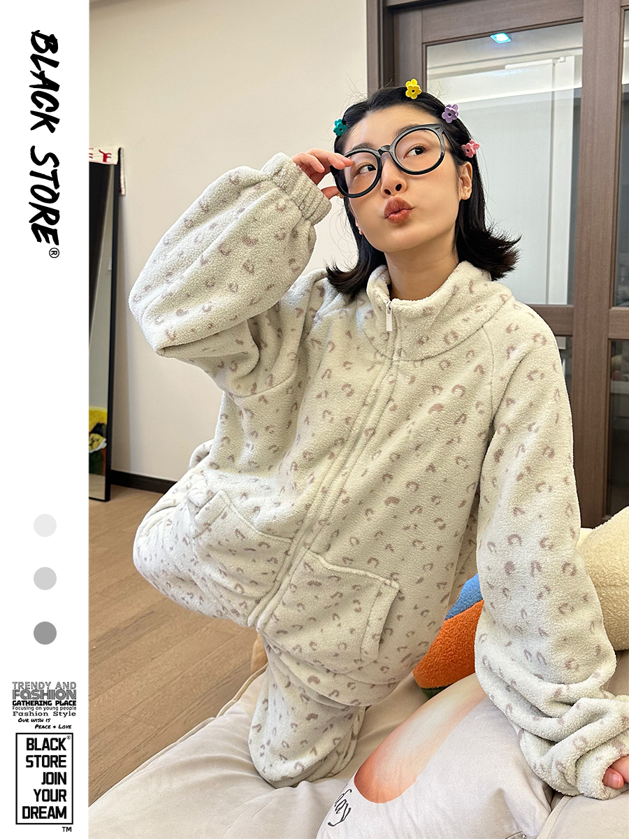 韩版简约加厚保暖珊瑚绒睡衣女冬