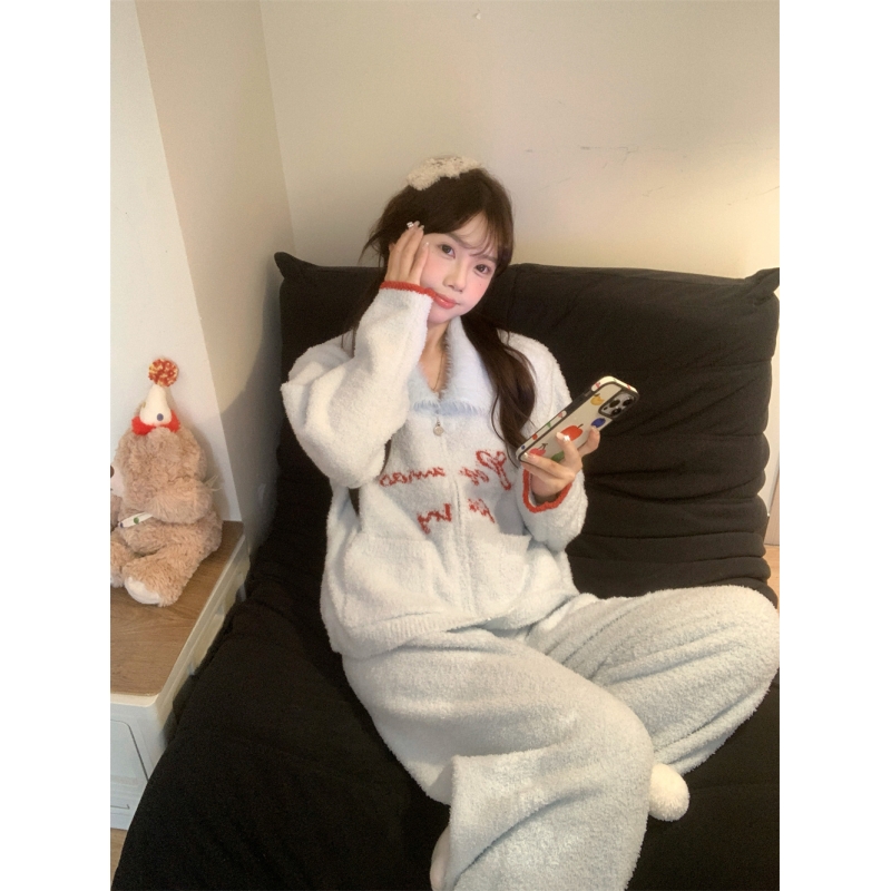 日系少女半边绒睡衣女款冬季套装