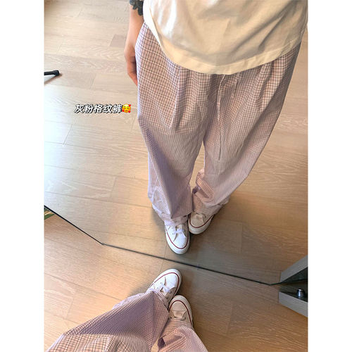 夏季新款韩版甜美灰粉格纹睡裤女