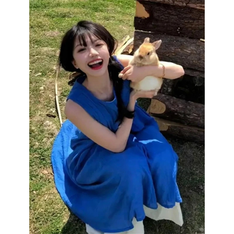 休闲简约蓝色纯色无袖背心连衣裙