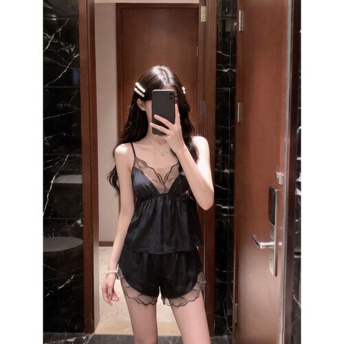 法式高级感黑色吊带睡衣女夏季