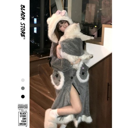 少女可爱Kitty猫珊瑚绒连帽睡衣女冬季加绒加厚毛绒睡袍家居睡裙