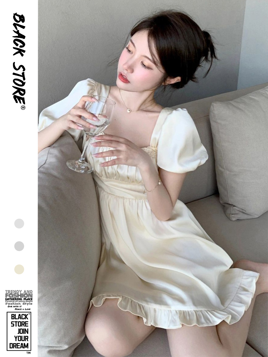 法式高级感泡泡袖冰丝睡衣女夏款2025年新款短袖睡裙家居服连衣裙