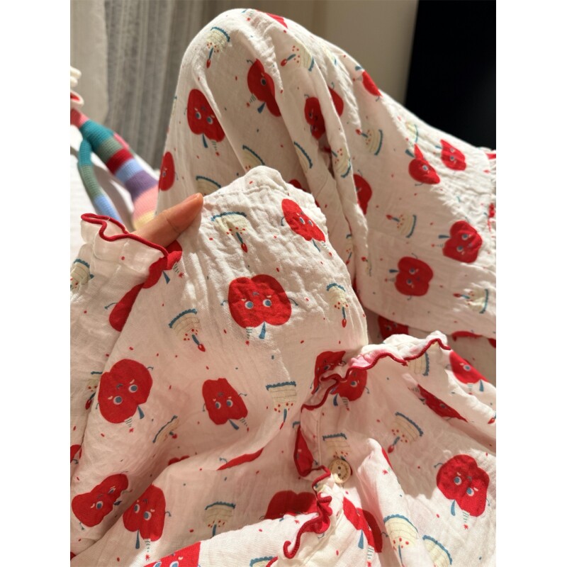 ins可爱风苹果印花长袖睡衣女春秋款2026新款舒适长裤套装居家服图片
