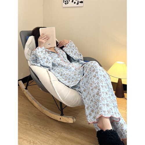 韩版可爱兔子印花翻领长袖睡衣女