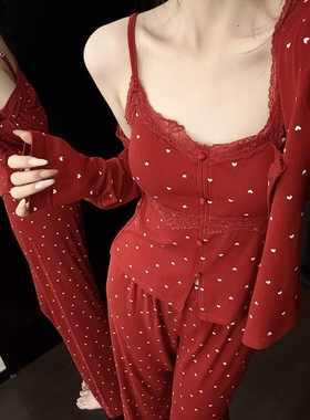 甜美纯欲风红色蕾丝吊带睡衣三件套装女春秋季新款爱心家居服套装