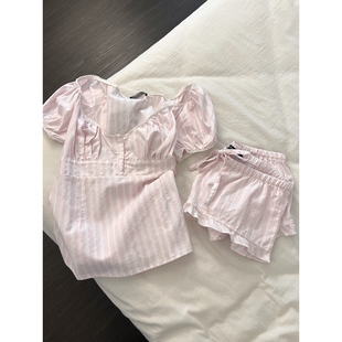 短裤 甜美V领少女条纹短袖 家居服大码 2026新款 两件套 睡衣女春夏季