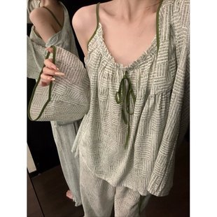 宽松大码 2026新款 可外穿家居服三件套 国风绑带睡衣女春秋季 新中式