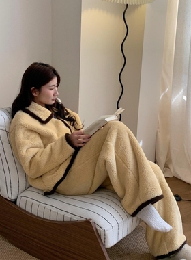 日系奶黄色珊瑚绒睡衣女冬季2025新款大码加厚保暖家居服套装冬天