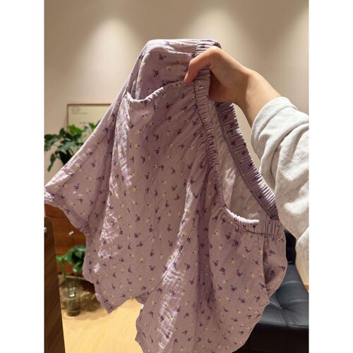 ins风韩版紫色碎花宽松短睡裤女