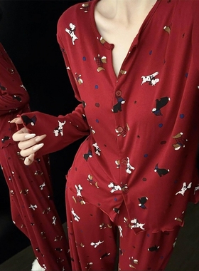 甜趣新年红色卡通小狗印花睡衣女春季款开衫舒适家居服套装可外穿