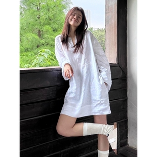宽松连衣裙家居服外穿 韩系慵懒风白色V领长袖 睡裙女夏季 新款 大码