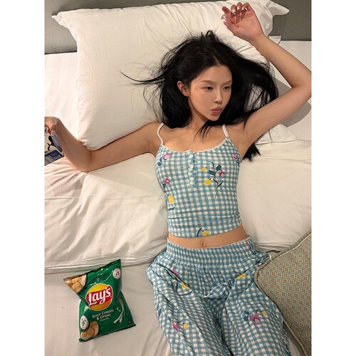 可爱格子印花吊带睡衣女款夏季