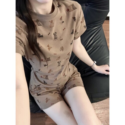 可爱卡通小狗印花短袖短裤睡衣女