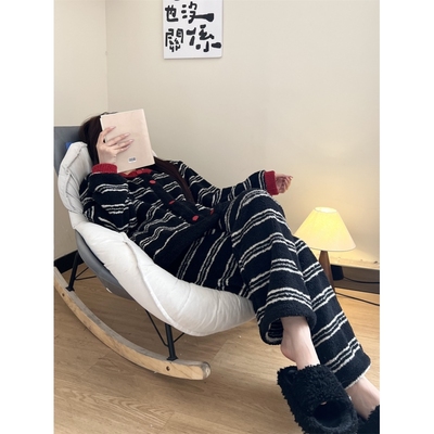韩版复古撞色条纹针织半边绒绒睡衣女冬季新款加厚保暖套装家居服