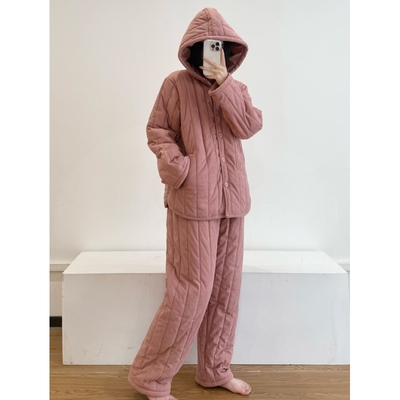 温柔粉色休闲风夹棉连帽睡衣女冬