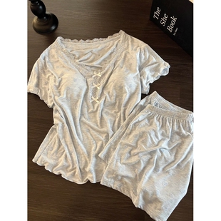 短裤 亲肤舒适短袖 居家服两件套 蕾丝花边爱心带胸垫睡衣女夏款 法式