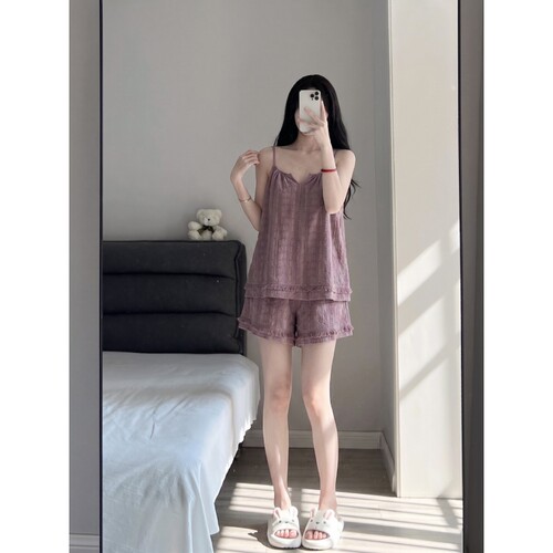 法式复古紫色碎花棉纱睡衣女款夏季舒适吊带短裤居家服套装可外穿